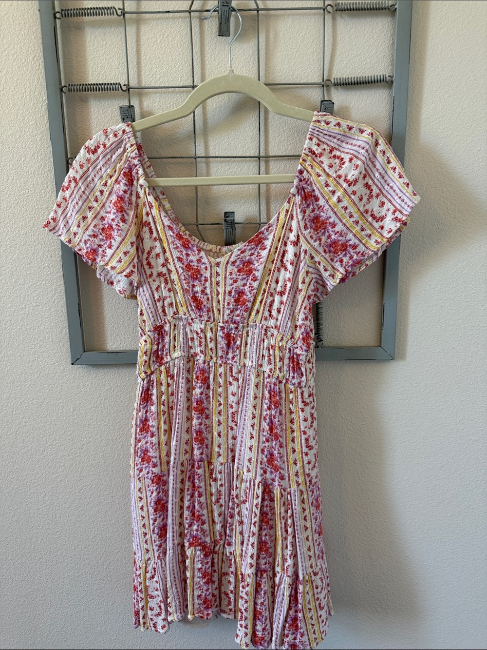 Rewind Floral Stripe Mini Dress in White, Red, and Yellow